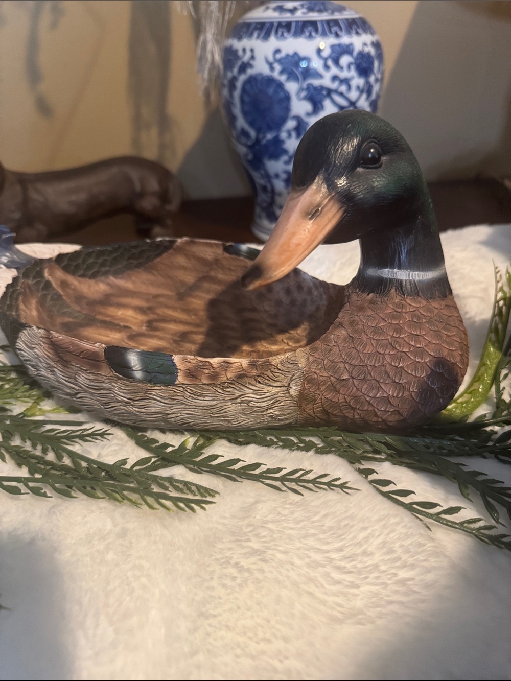 Hand-Painted Ceramic Duck Catchall — Brown & Green